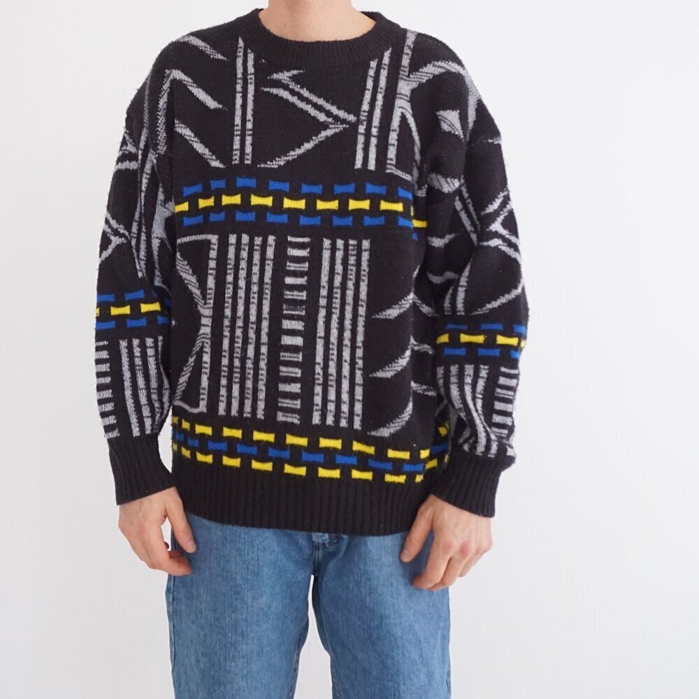 Vintage Uniform Code Black Grey Abstract Knit Geometric Pattern Sweater Large
